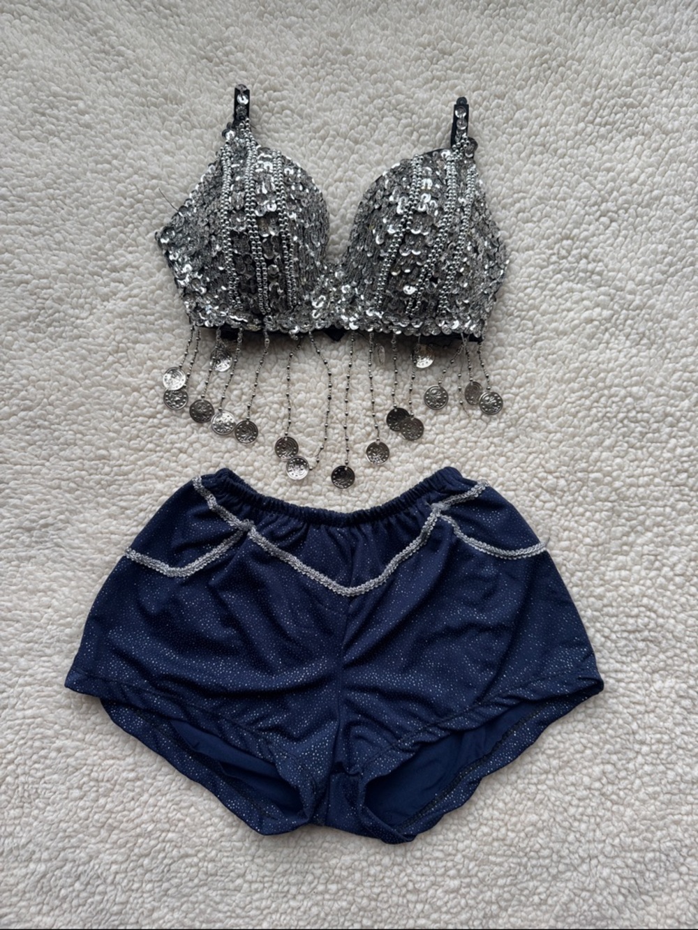 Silver Sequin Fringe Bra Top with Navy Sparkle Shorts Festival